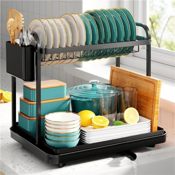 2-Tier Dish Drying Rack Stainless Steel Kitchen Organizer with Drainboard and Ho